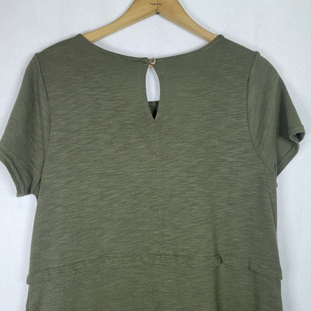 J. Jill Olive Green Slub Knit Short Sleeve Fringe Trim Dress Size Medium Petite - Picture 5 of 8